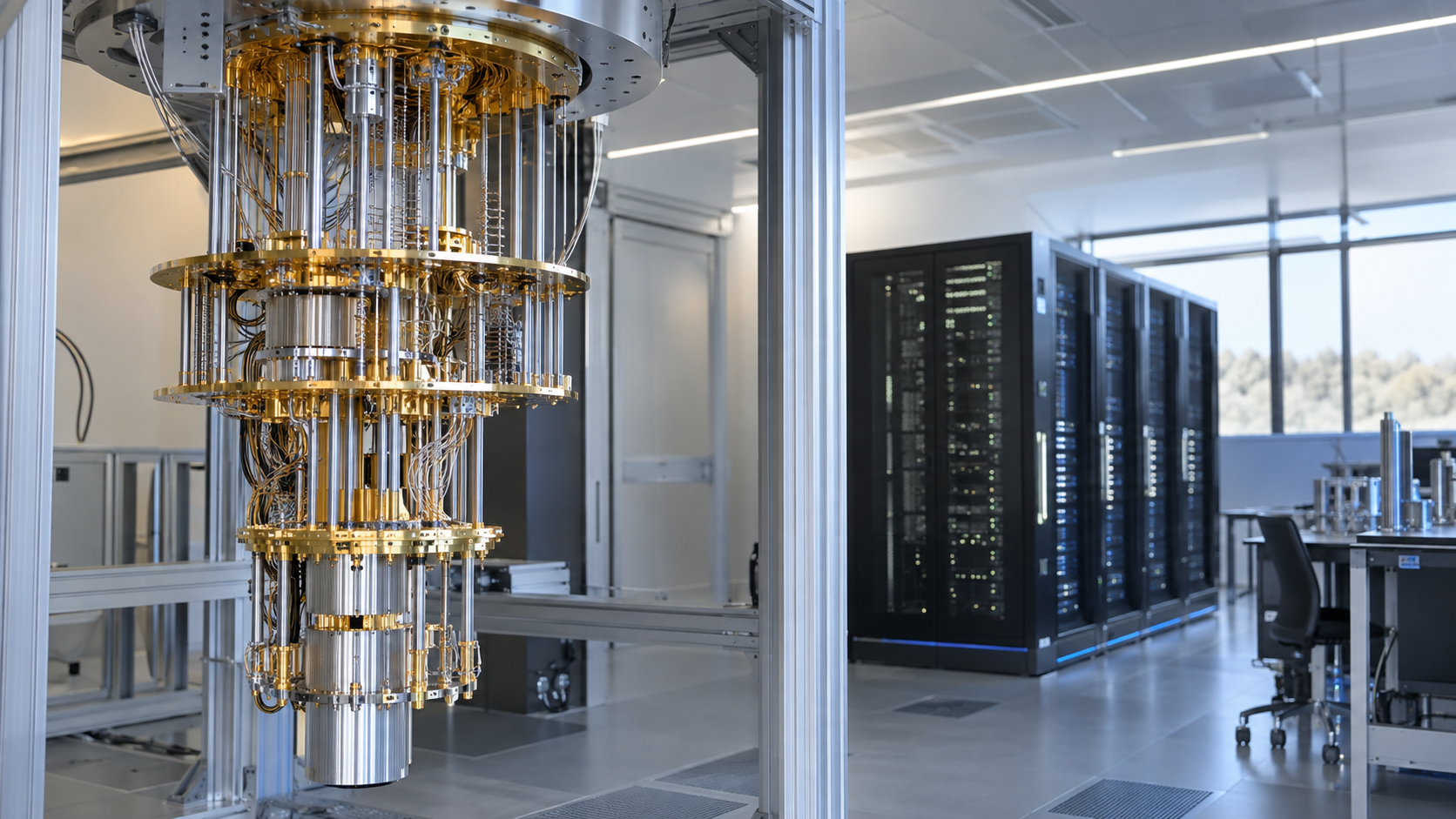 Generic quantum laboratory showing cryogenic hardware and a separate classical compute server.