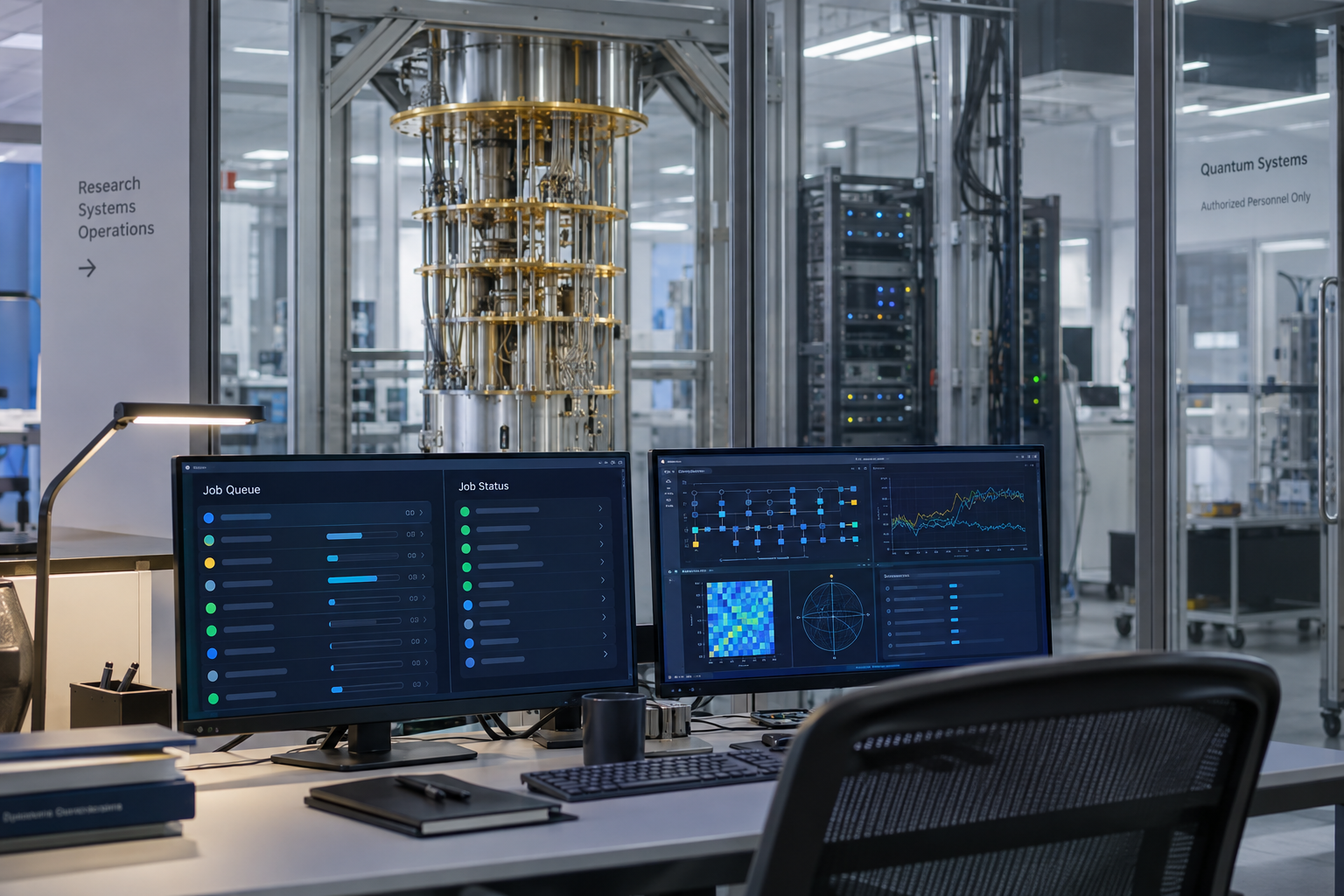 Generic quantum-computing operations desk with queue displays and cryogenic hardware visible in an adjacent laboratory.