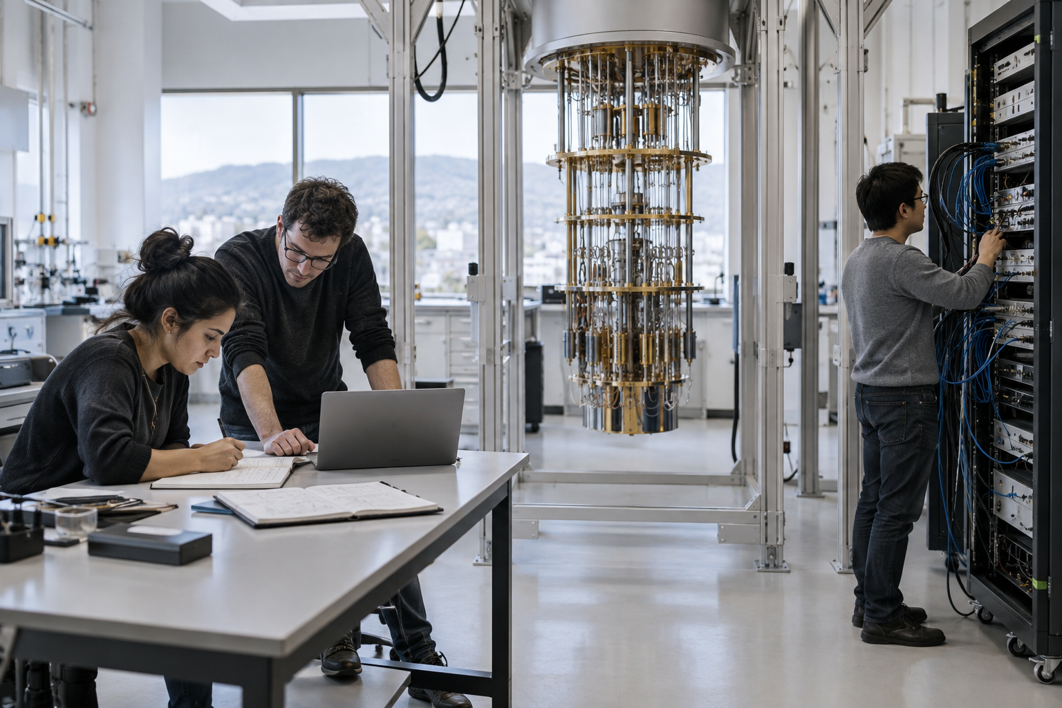 Generic quantum lab prepared for a cloud pilot with cryogenic hardware and planning materials.