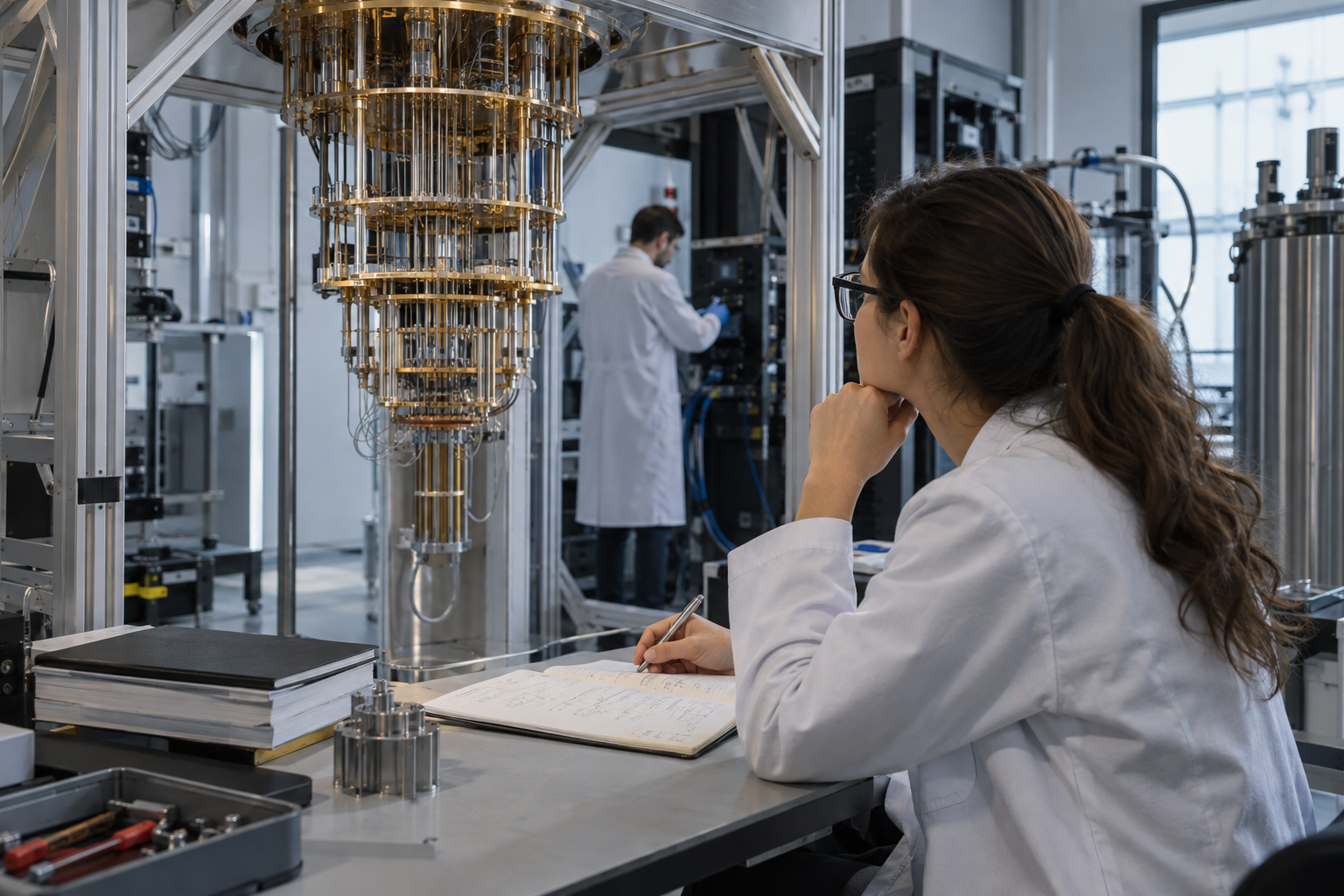 Generic quantum lab with cryogenic hardware and a roadmap notebook.